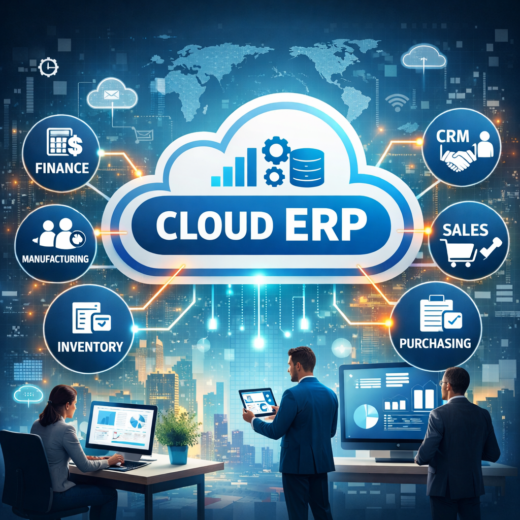 worker people looking at screens with a cloud at the top of the image with the word ERP in it