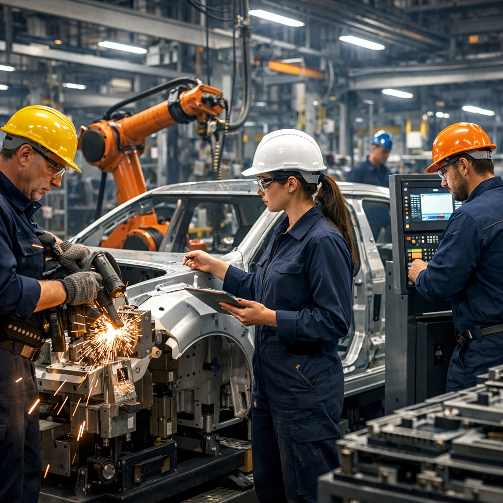 Simulated workers on an automobile production line