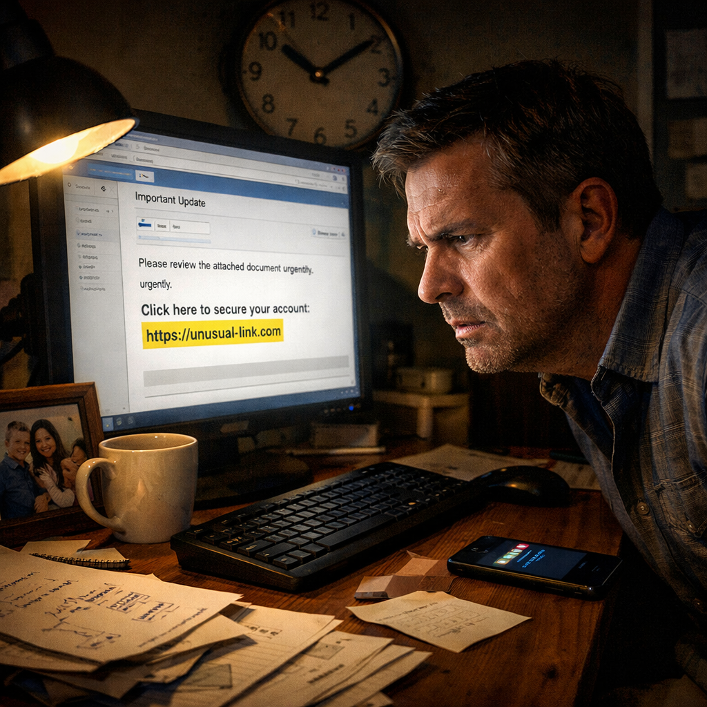 man looking at suspicious email link