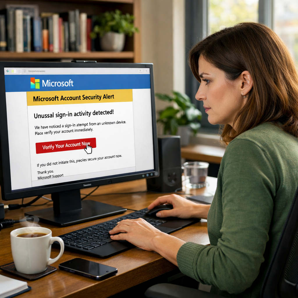 woman looking at computer screen with suspicious link on the screen