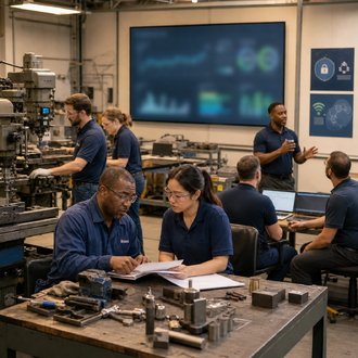 group of manufacturers working at tables 