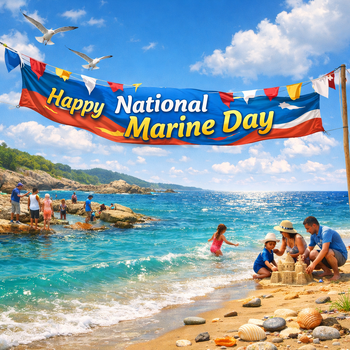 family playing at the beach with a happy national marine day banner overhead
