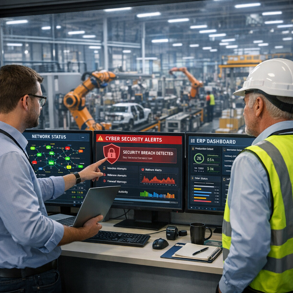 An IT specialist and a plant manager standing in a manufacturing control room overlooking an active factory large monitors show network health.