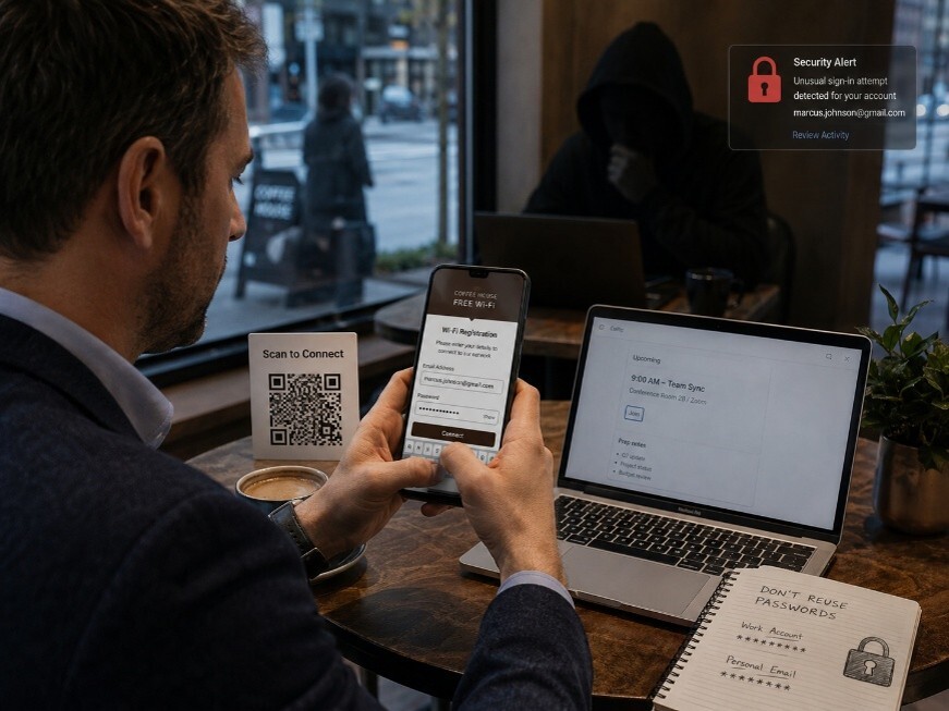 man at coffee shop using QR code and getting scammed