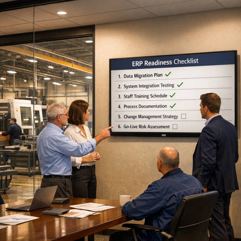 people looking at a board on the wall about ERP readiness