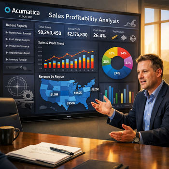 acumatica dashboard sales analysis with interactive map and a man discussing