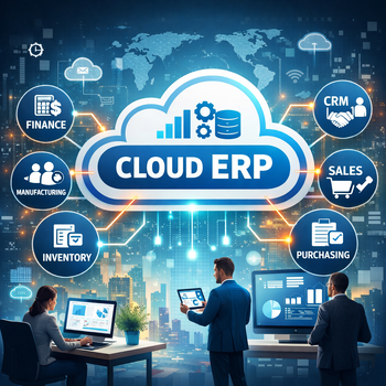 worker people looking at screens with a cloud at the top of the image with the word ERP in it