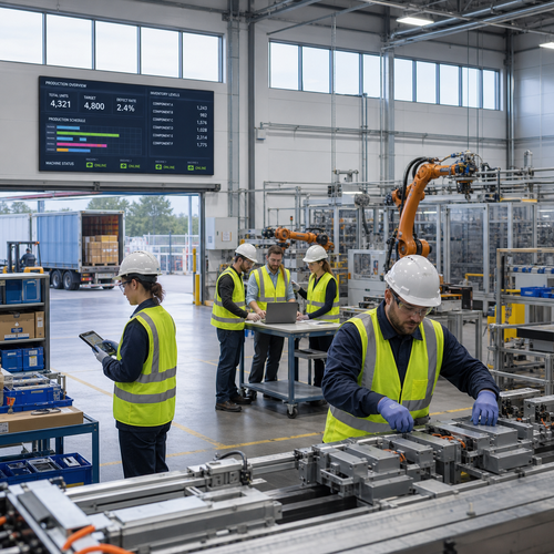 Modern Manufacturing Facility with Workers and Robotic Arms