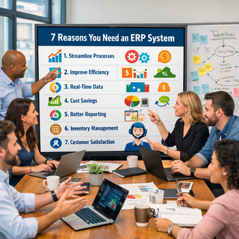 group of workers looking at an infographic on the board