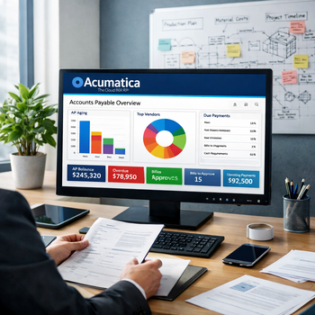 modern office with acumatica erp dashboard with whiteboard notes