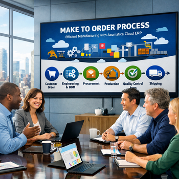 office with make to order process on a screen and a collaborative team