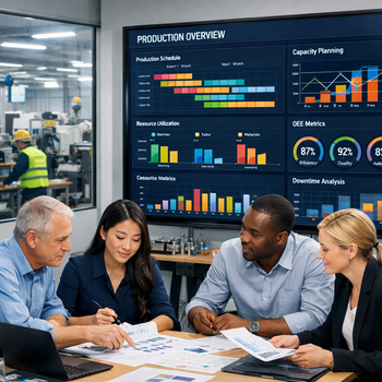 modern workspace with digital dashboard and collaborative team