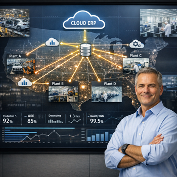 man standing in front of map of data flow and factories