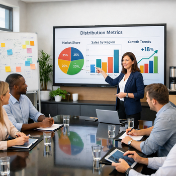 office collaboration with woman giving a presentation on distribution metrics