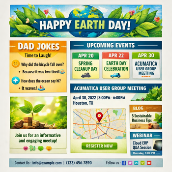 earth day newsletter layout with upcoming events and dad jokes