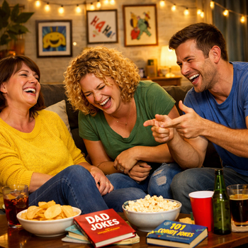 friends laughing in a room with snacks and soda