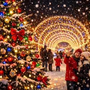 festive christmas tree with a couple taking a selfie near it