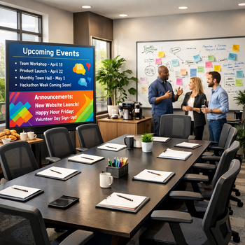 office space with team collaboration in front of a screen