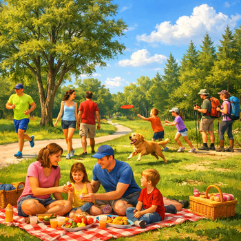vibrant park scene with a family having a picnic and another family playing with a dog