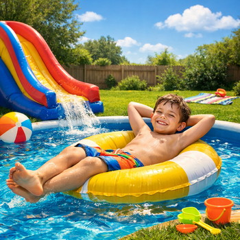 kid relaxing on a floating inner tube in a pool with a water slide behind him