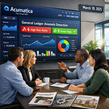 workers having a meeting while looking at a dashboard about acumatica