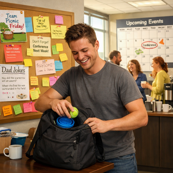 man standing in office packing a bag next to a bulletin board