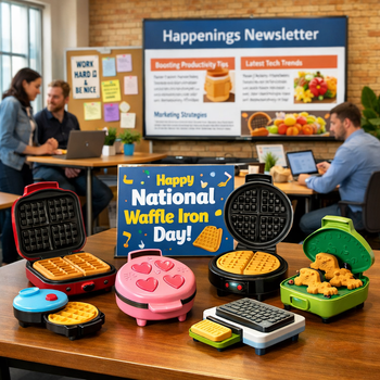 waffle irons on a desk in an office for national waffle iron day