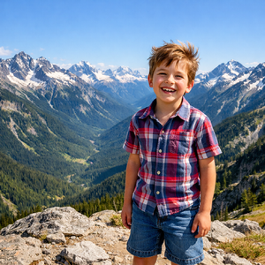 child standing on the top of the mountain