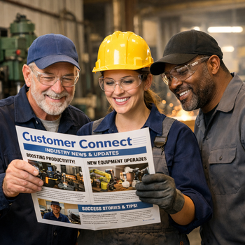 workers standing in a shop reading a newsletter