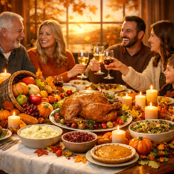 people eating a thanksgiving feast with turkey