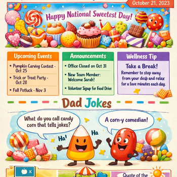 newsletter for national sweetest day with upcoming events and announcements