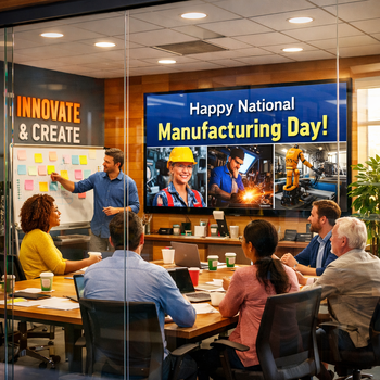 modern office brainstorming with manufacturing theme