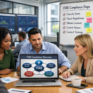 3 workers looking at a computer that shows ITAR compliance on the laptop screen