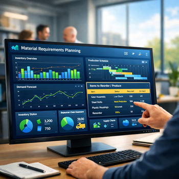 erp dashboard with mrp tool with a collaborative office scene