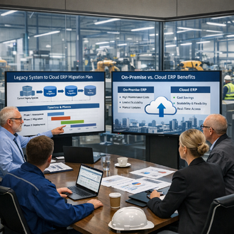 group of workers sitting at a conference table learning how to modernize their ERP