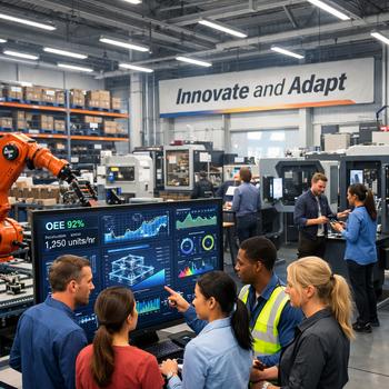 modern manufacturing facility with diverse workers and robotic automation
