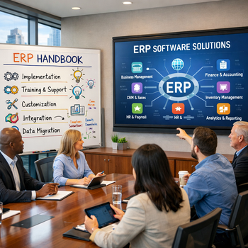 workers collaborating on an erp software presentation