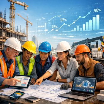 construction site with workers in hard hats looking at plans