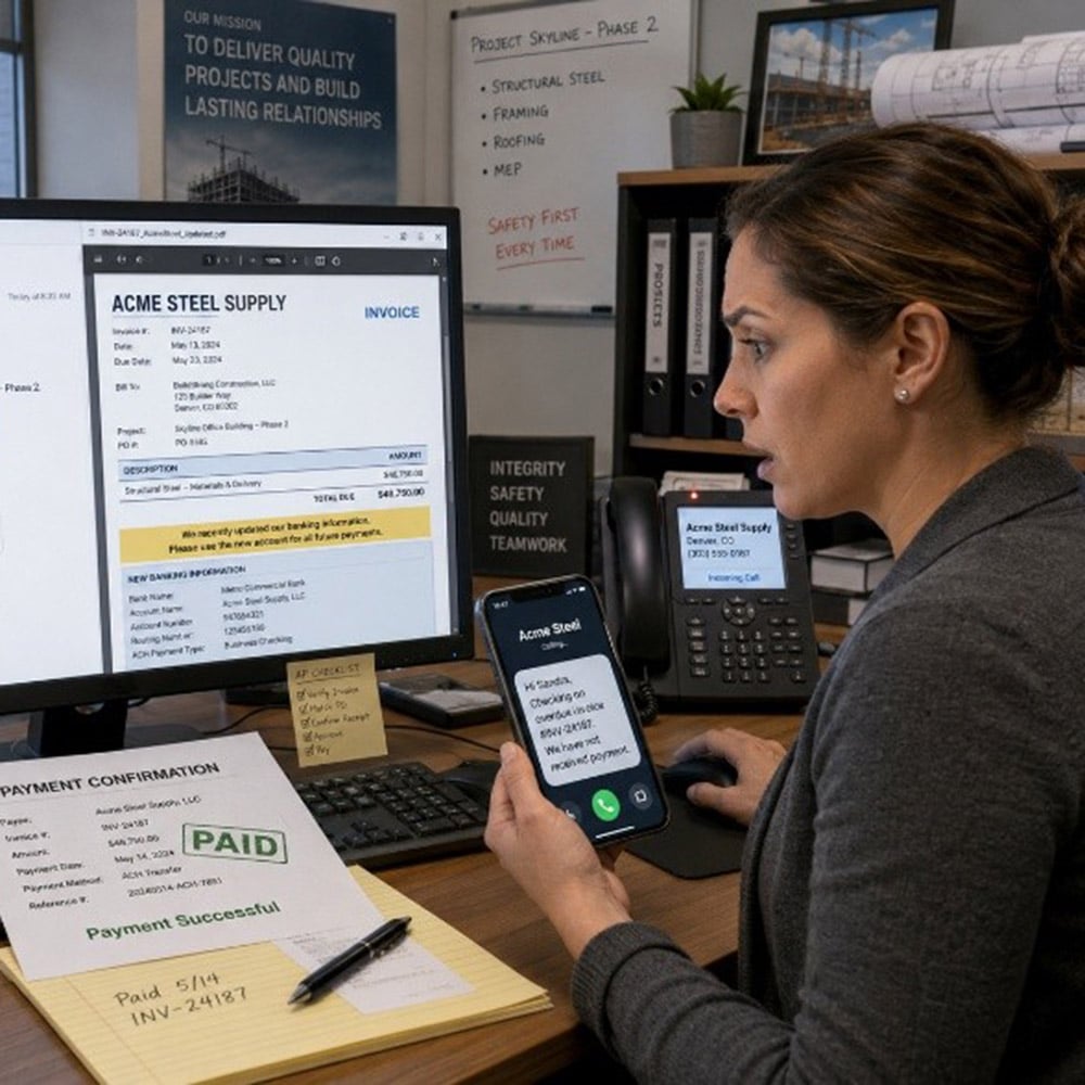 woman looking at her phone and computer at a bad invoice