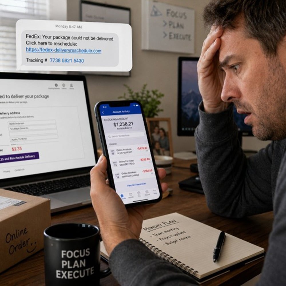 man looking at cellphone with text message showing a bad charge on his account