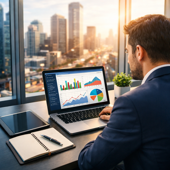 man in a suit looking at a computer in front of a city skyline