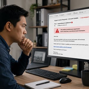 man looking at computer screen with password breach message on it