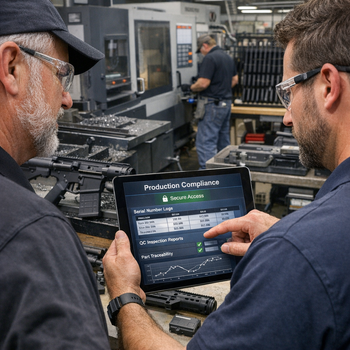 two men looking at an iPad on the shop floor