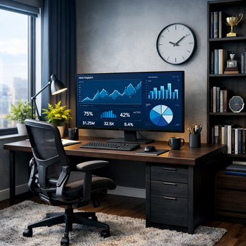 workspace with computer displaying graphs